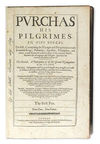 PURCHAS, SAMUEL. Purchas His Pilgrimes [Pilgrimage]. 5 vols. 1625-26. Lacks engraved additional title and map of New England/Canada.